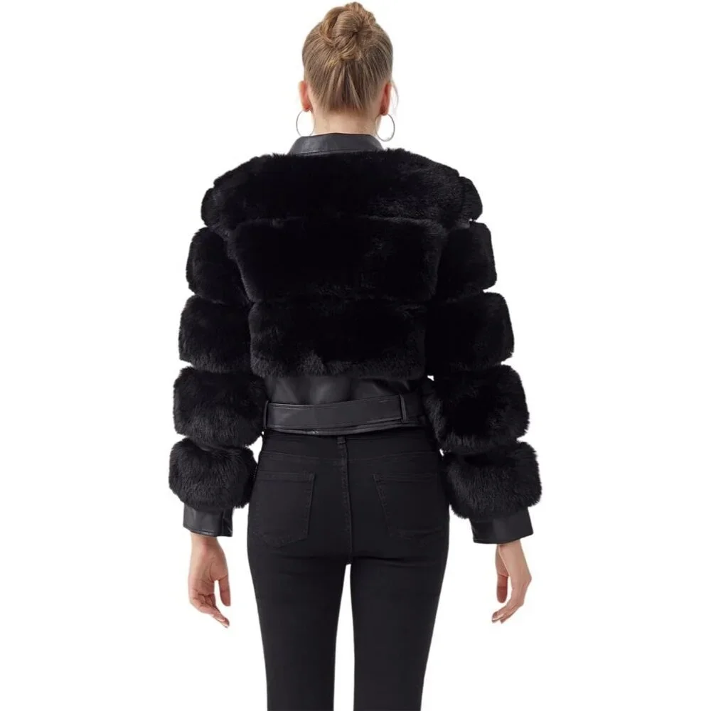 Women's Moto Style Cropped Faux Fur Leather Belted Biker Coat Zip Up Coffee - Picture 3 of 9